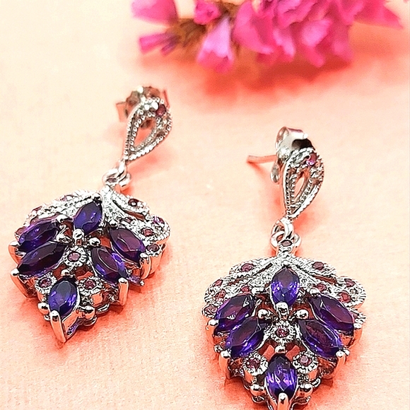 Natural Amethyst 6x3mm & Rhodolite Garnet 925 Sterling Silver Earrings - Picture 3 of 5